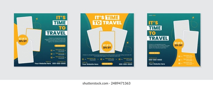 Creative travel agency advertisement social media post design set, tour tourism holiday vacation packages on sale discount ad promotion square web banner bundle, new free editable vector template