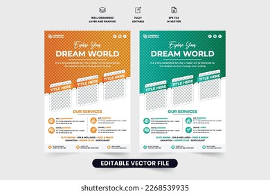 Creative travel agency flyer decoration with geometric shapes and photo placeholders. Touring group promotional leaflet or poster design. Tour and travel flyer vector for business marketing.