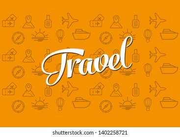 Creative travel background with icons of airplane, ship, compass, air balloon, sun, travel suitcase and tickets. Can be used for website, tickets, flyers design. Journey and hiking infographics vector