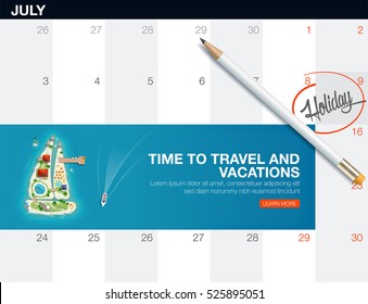 Creative travel banner with top view of the island in the form of a sailing ship and calendar list with pencil. 