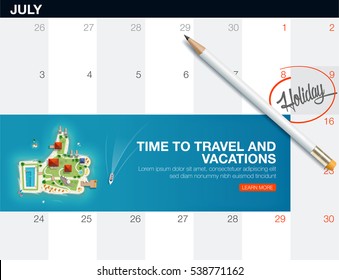 Creative travel banner with top view of the island in the form of finger up, calendar list with pencil for tourism.