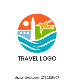 Diseño creativo del logotipo de la playa del viaje. Ciudad, mar, sol y pájaro Colorido logotipo de turismo Abstractas.