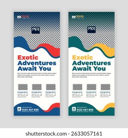 Creative Travel Business Promotion DL Flyer or Rack Card Design Template for Holiday Tour Packages, Vacation Deals, Adventure Travel, Tourism Services, and Travel Agencies
