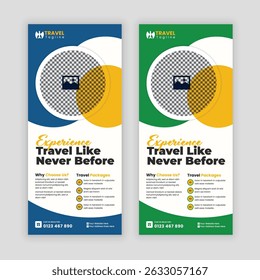 Creative Travel Business Promotion DL Flyer or Rack Card Design Template for Holiday Tour Packages, Vacation Deals, Adventure Travel, Tourism Services, and Travel Agencies