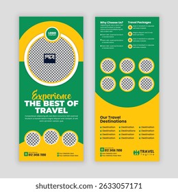 Creative Travel Business Promotion DL Flyer or Rack Card Design Template for Holiday Tour Packages, Vacation Deals, Adventure Travel, Tourism Services, and Travel Agencies