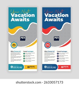 Creative Travel Business Promotion DL Flyer or Rack Card Design Template for Holiday Tour Packages, Vacation Deals, Adventure Travel, Tourism Services, and Travel Agencies