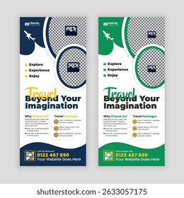 Creative Travel Business Promotion DL Flyer or Rack Card Design Template for Holiday Tour Packages, Vacation Deals, Adventure Travel, Tourism Services, and Travel Agencies
