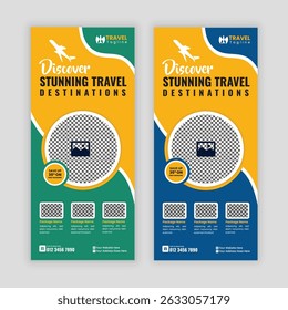 Creative Travel Business Promotion DL Flyer or Rack Card Design Template for Holiday Tour Packages, Vacation Deals, Adventure Travel, Tourism Services, and Travel Agencies