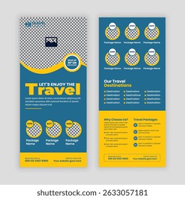 Creative Travel Business Promotion DL Flyer or Rack Card Design Template for Holiday Tour Packages, Vacation Deals, Adventure Travel, Tourism Services, and Travel Agencies