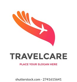 Creative travel care logo featuring an airplane inside a protecting hand. Ideal for tourism, aviation, and travel agencies.