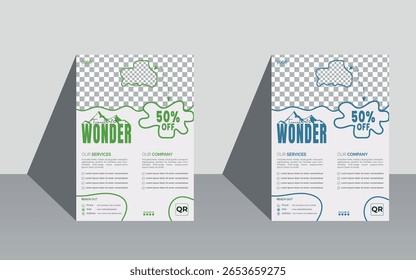 Creative travel flyer design and organic shape with green color agency promotional template