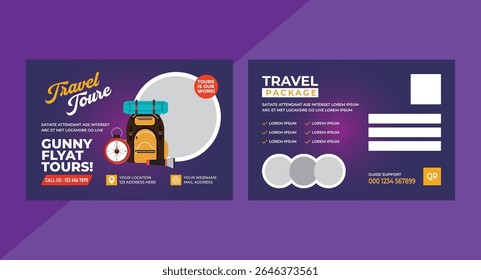 Creative travel postcard set and modern travel flyer template design layout.