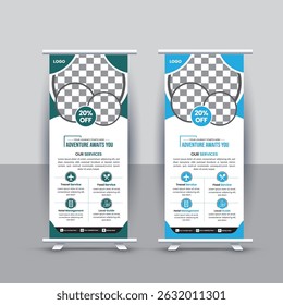 Creative travel roll-up banner design perfect for travel agencies,  and holiday promotions. Features modern layout, editable content, and attractive visuals for vacation deals and travel