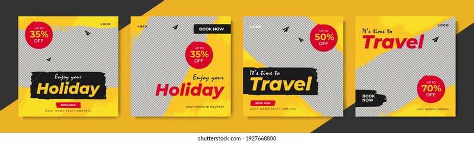Creative travel sale social media post template design. Travelling business offer promotion flyer, poster with logo and graphic background. Online digital marketing web banner for summer beach holiday