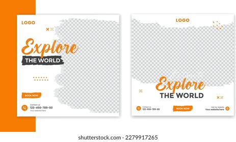 Creative Travel social media post design, holiday vacation square post template, hotel online post vector, happy journey carousel