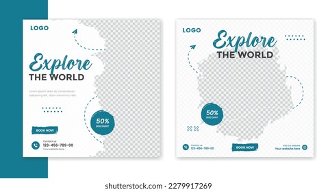 Creative Travel social media post design, holiday vacation square post template, hotel online post vector, happy journey carousel