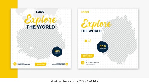 Creative Travel social media post design, holiday vacation square post template, tour online post vector, happy journey carousel
