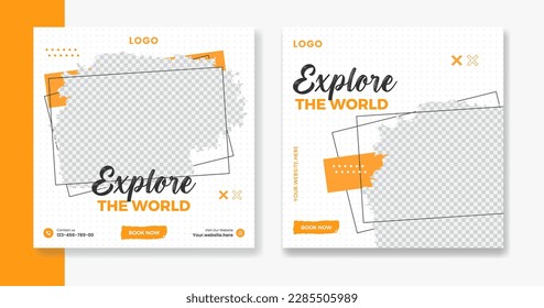 Creative Travel social media post design, holiday vacation square post template, hotel online post vector, happy journey carousel