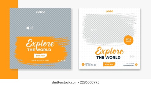Creative Travel social media post design, holiday vacation square post template, hotel online post vector, happy journey carousel
