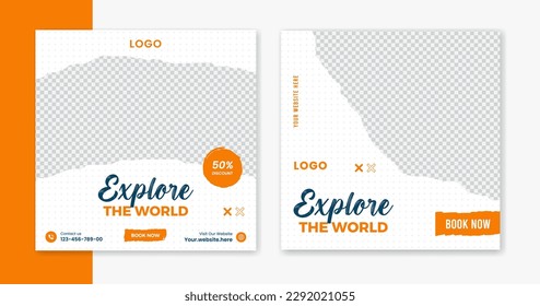 Creative Travel social media post design, holiday vacation square post template, tour online post vector, happy journey carousel