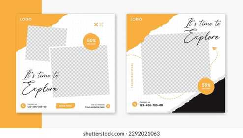 Creative Travel social media post design, holiday vacation square post template, tour online post vector, happy journey carousel