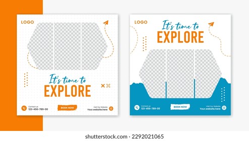 Creative Travel social media post design, holiday vacation square post template, tour online post vector, happy journey carousel