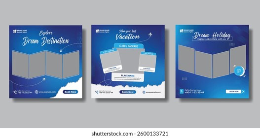 Creative Travel social media post design, holiday vacation square post template, tour online post vector, happy journey carousel