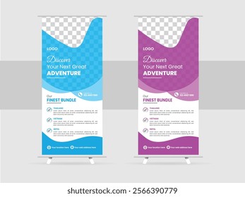 Creative travel vacation Roll Up stand banner design template. Vector illustration design. Display and editable design.