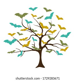 Creative tree with bats instead of leaves Retro style with vintage color tone.  Halloween and Thanksgiving in night skies background concept.