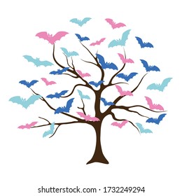 Creative tree with bats instead of leaves Retro style with vintage color tone.  Halloween and Thanksgiving in night skies background concept.