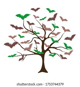 Creative tree with bats instead of leaves Retro style with vintage color tone.  Luxury and elegant style 3D illustration for holiday template