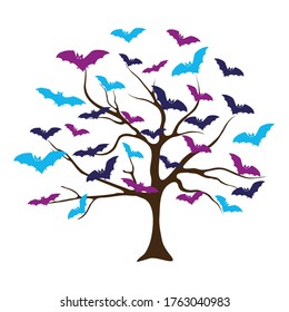 Creative tree with bats instead of leaves Retro style with vintage color tone.  Halloween and Thanksgiving in night skies background concept.