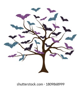 Creative tree with bats instead of leaves Happy holiday abstract backdrop. Halloween and Thanksgiving in night skies background concept.