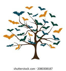 Creative tree with bats instead of leaves Retro style with vintage color tone.  Halloween and Thanksgiving in night skies background concept.