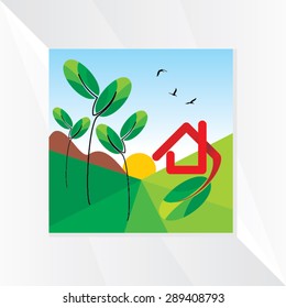 creative tree green landscape with home vector illustration 