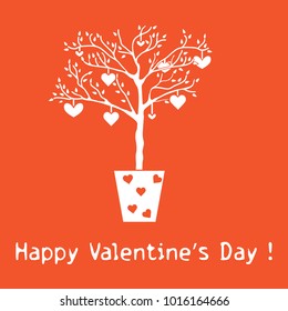 Creative tree with leaves and with hanging hearts. Greeting card Valentine's Day. Design for banner, poster or print.