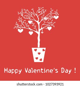 Creative tree with leaves and with hanging hearts. Greeting card Valentine's Day. Design for banner, poster or print.