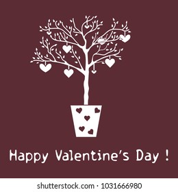 Creative tree with leaves and with hanging hearts. Greeting card Valentine's Day. Design for banner, poster or print.