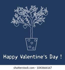 Creative tree with leaves and with hanging hearts. Greeting card Valentine's Day. Design for banner, poster or print.