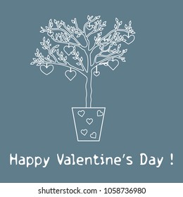 Creative tree with leaves and with hanging hearts. Greeting card Valentine's Day. Design for banner, poster or print.