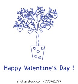 Creative tree with leaves and with hanging hearts. Greeting card Valentine's Day. Design for banner, poster or print.
