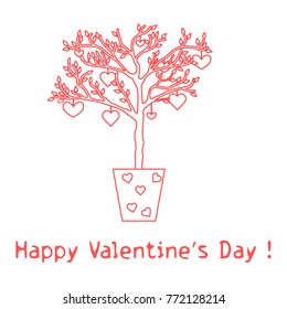 Creative tree with leaves and with hanging hearts. Greeting card Valentine's Day. Design for banner, poster or print.