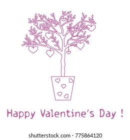 Creative tree with leaves and with hanging hearts. Greeting card Valentine's Day. Design for banner, poster or print.