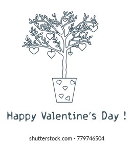 Creative tree with leaves and with hanging hearts. Greeting card Valentine's Day. Design for banner, poster or print.