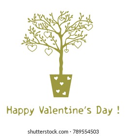 Creative tree with leaves and with hanging hearts. Greeting card Valentine's Day. Design for banner, poster or print.