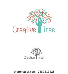 Creative Tree logo with hand and abstract shape as a tree. Creative Concept design template.
