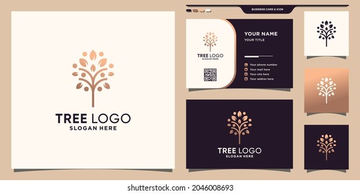 Logotipo de árbol creativo con estilo de arte de línea y diseño de tarjeta de visita Premium Vector