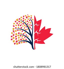 Creative tree and maple leafs logo design. Canada business sign.