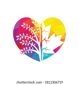 Creative tree and maple leaves vector design. Maple tree in heart shape template.