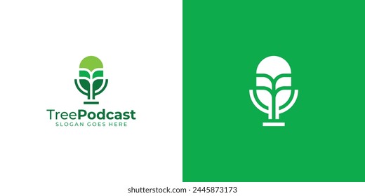 Creative Tree Podcast Logo. Microphone and Abstract Tree with Minimalist Style. Nature Green Podcast Logo Icon Symbol Vector Design Inspiration.